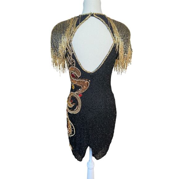 Vintage Ornate Fringe Beaded Cocktail Black Gold Embellished Party Dress Size 4 - Picture 3 of 16